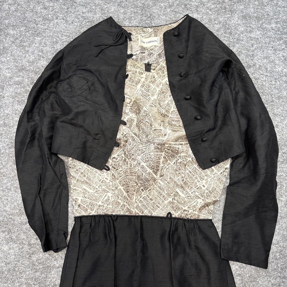 Vintage Gay Gibson dress jacket set womens 9 black France Parisian map Union 60s